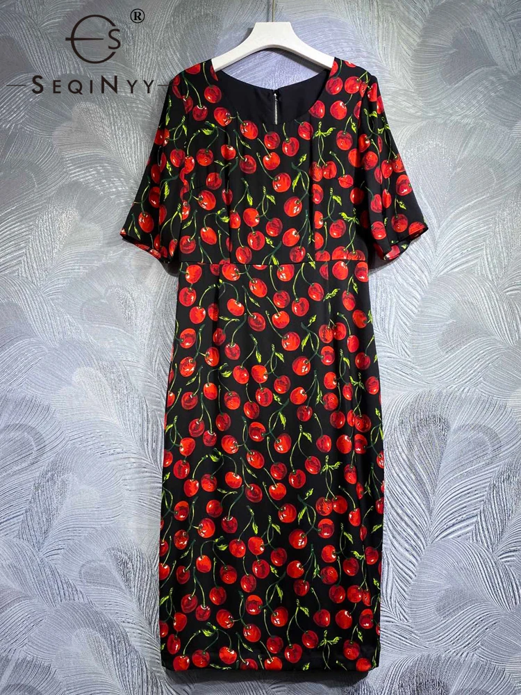 

Женское шелковое платье с коротким рукавом SEQINYY, красное приталенное платье с винтажным принтом вишни, лето-Весна 100%