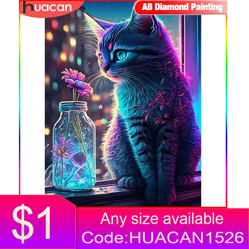 

HUACAN Animal Full Square Round AB Diamond Painting Cat Window Mosaic Flower Rhinestone Pictures Wall Paintings Art