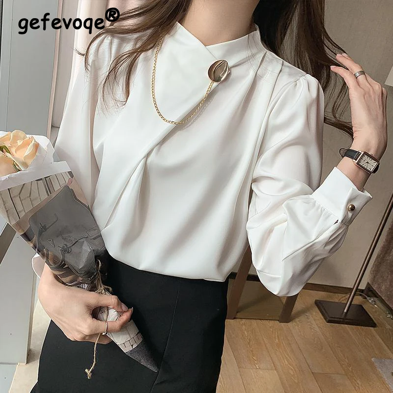 Elegant Chiffon OL Formal White Shirts Pullovers 2022 Autumn New O Neck Korean Loose Chain Long Sleeve Solid Office Work Blouses