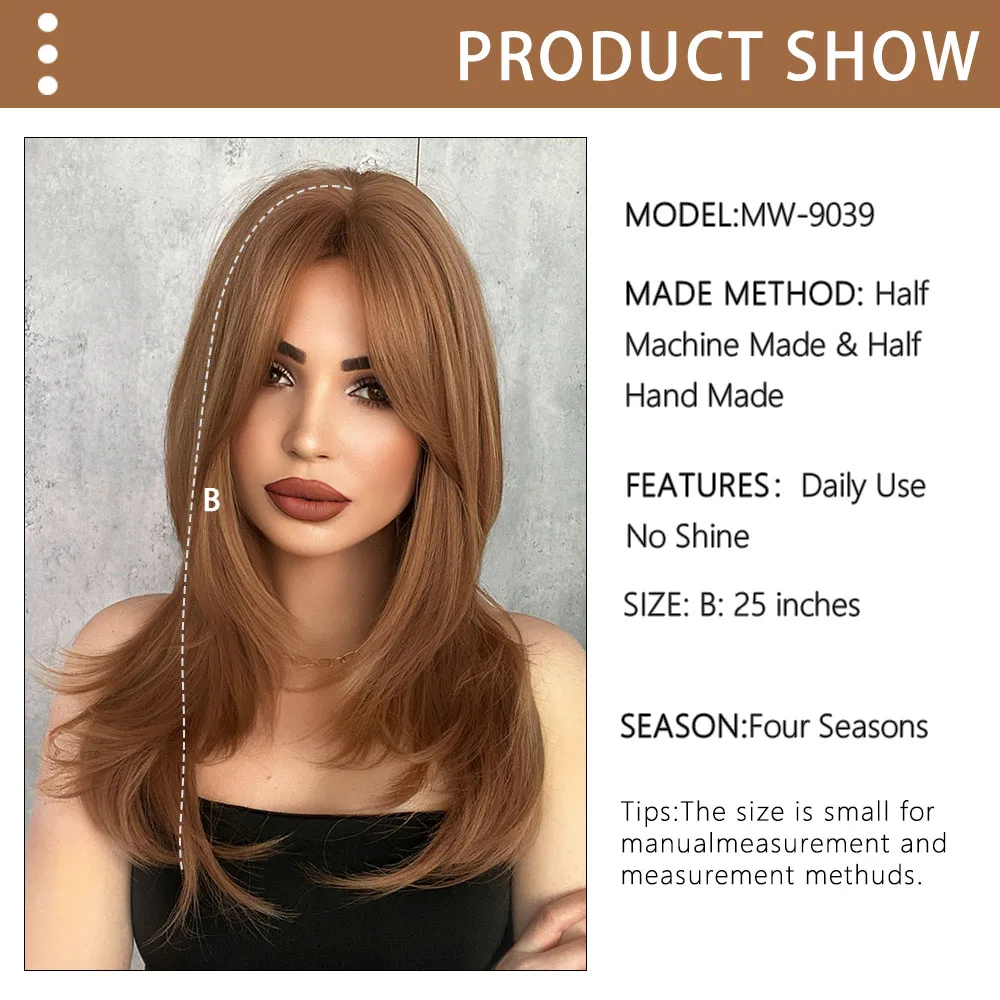 Honey Brown Wigs for Women Natural Hair Wavy Wigs with Bangs Layered Heat Resistant Synthetic Fiber Wigs Daily Use Fake Hair images - 6