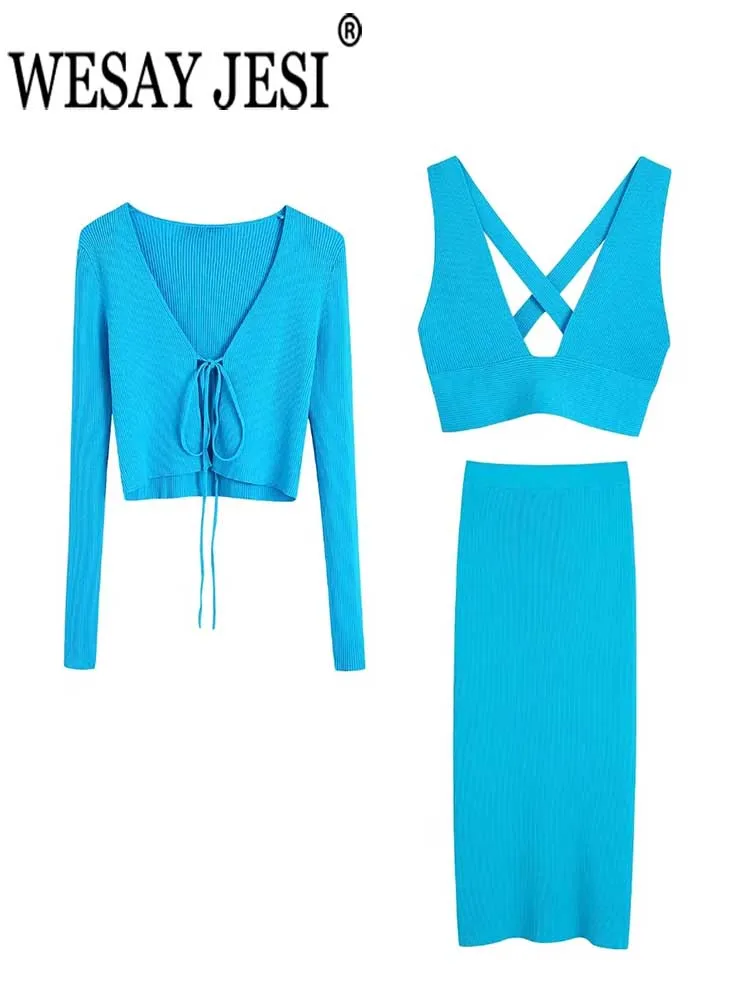 

WESAY JESI женская элегантная Весенняя однотонная одежда из 3 частей с длинным рукавом тонкий короткий галстук пальто с V-образным вырезом кросс-...