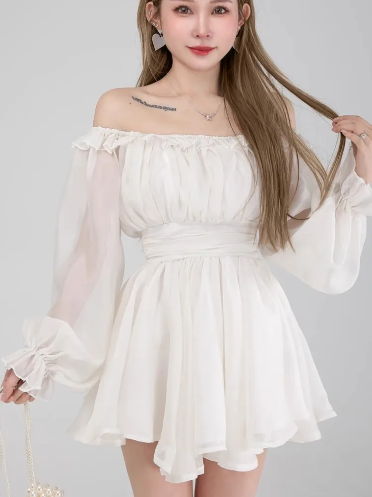 Однотонное короткое платье Y2K с открытыми плечами Сетчатое платье-трапеция