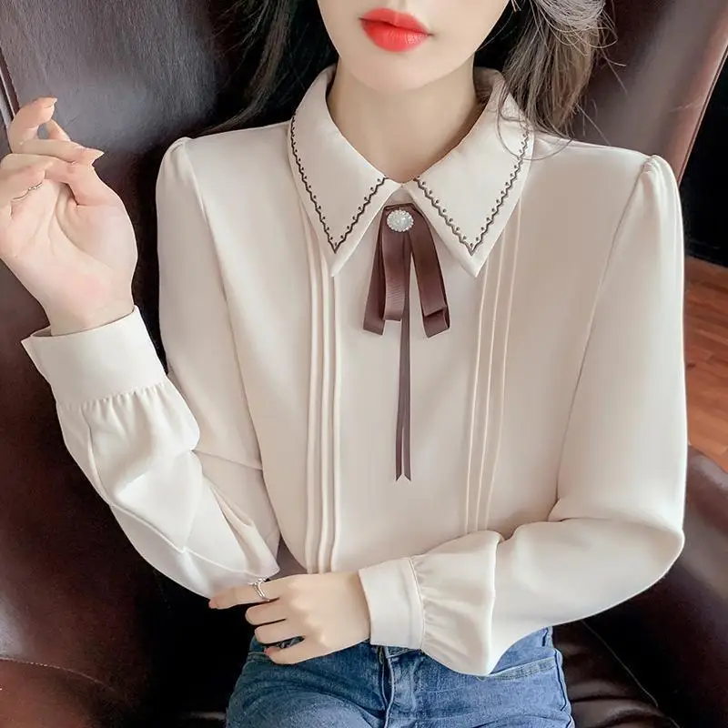 

Stylish Lapel Beading Folds Embroidery Bow Chiffon Blouse Women Clothing 2022 Autumn New Casual Pullovers All-match Sweet Shirt