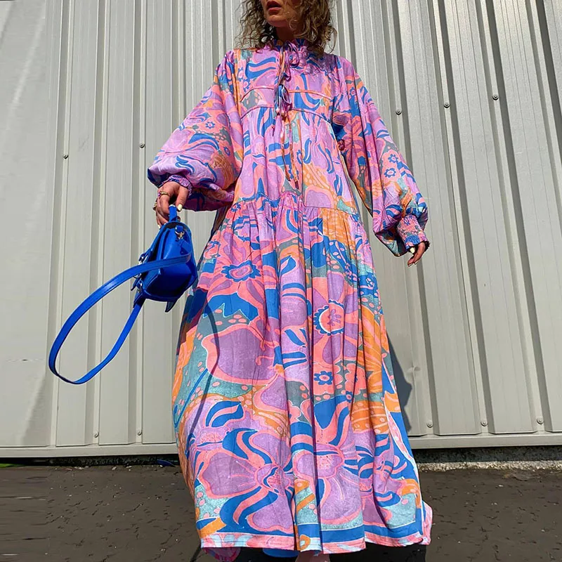

New Elegant Lantern Sleeve Women Dress Vintage Pattern Print Loose Big Hem Dresses Chic Round Neck Lace-up Bohemian Maxi Dress