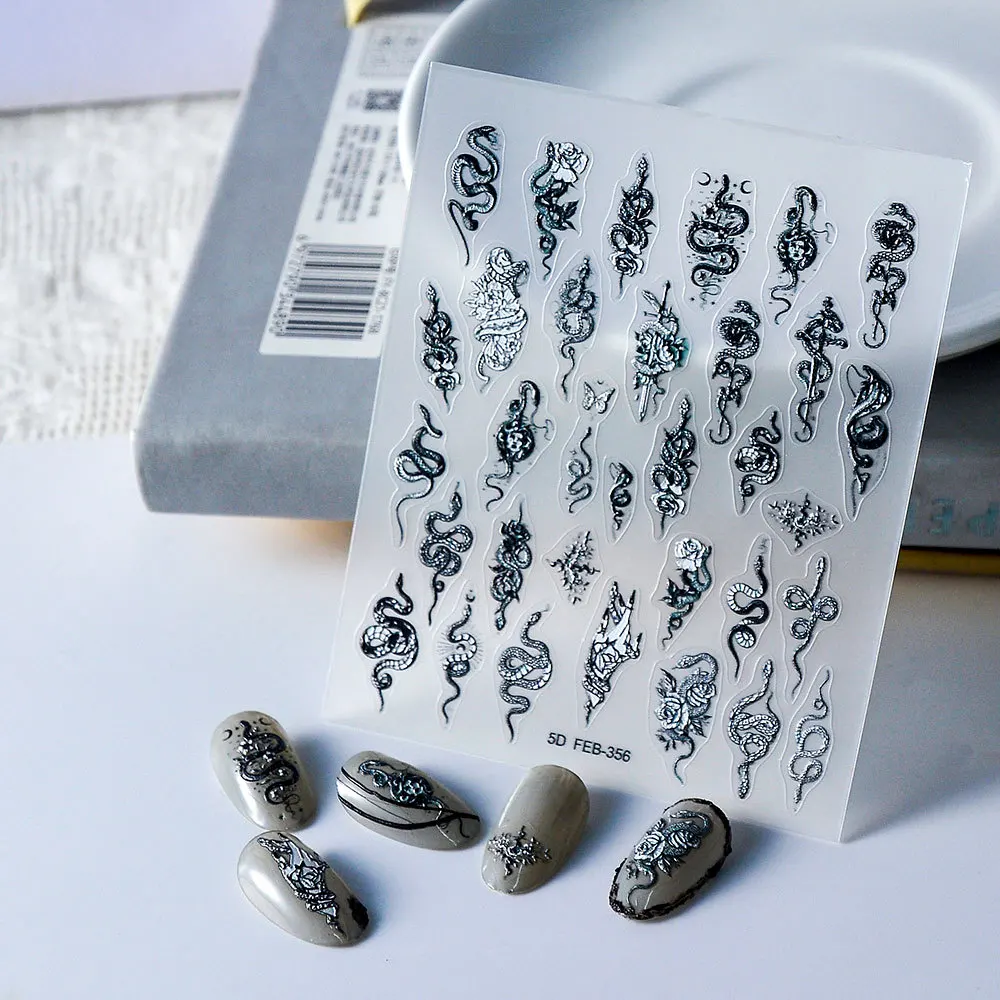 

Y2K темная черная змея 5D мягкая рельефная самоклеящаяся декоративная наклейка для дизайна ногтей Стрекоза паук бабочка маникюрная наклейка