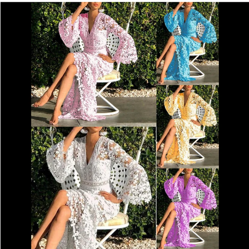 

Women Dresses Lace Dress Flare Sleeve V-neck Hollow Out 2022 New Long Sleeve White Oversize Sexy Long Dresses Party Evening