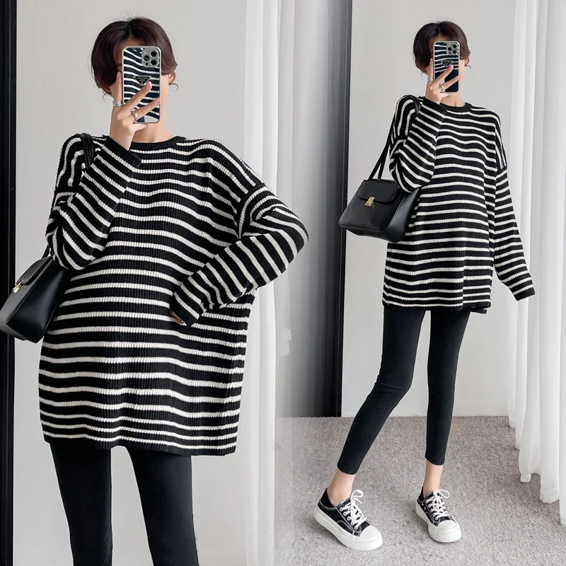 

3414# Autumn Winter Black Strip Knitted Maternity Sweaters Oversize Looose Shirt Clothes for Pregnant Women Casual Pregnancy Top