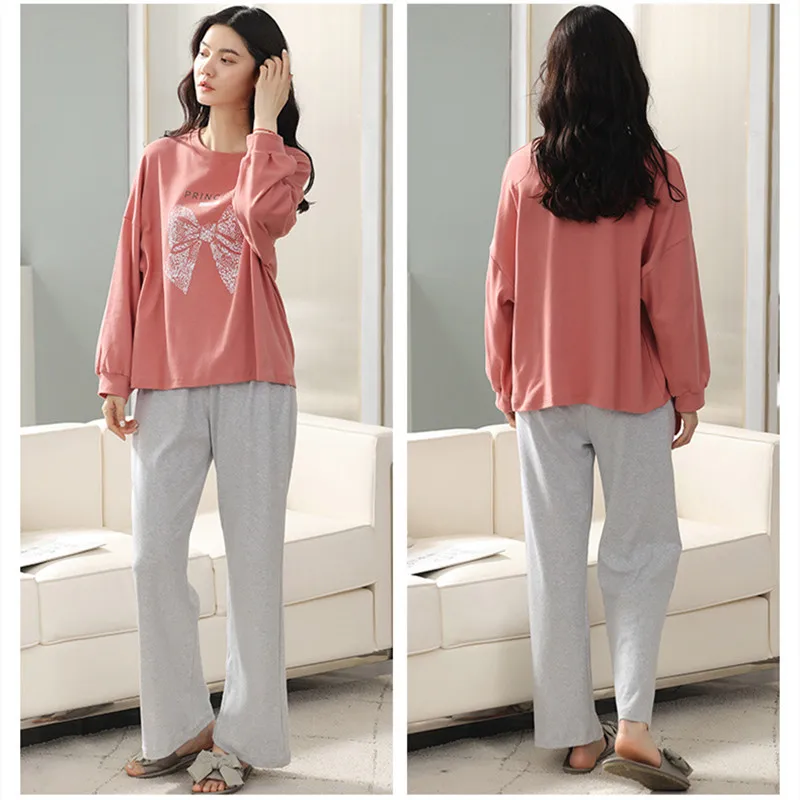 Yasuk Spring Autumn Fashion Women's Casual Lovely Cotton Pocket Sleepwear Homewear Simple Pajamas With Pants Sweet Princess Bow