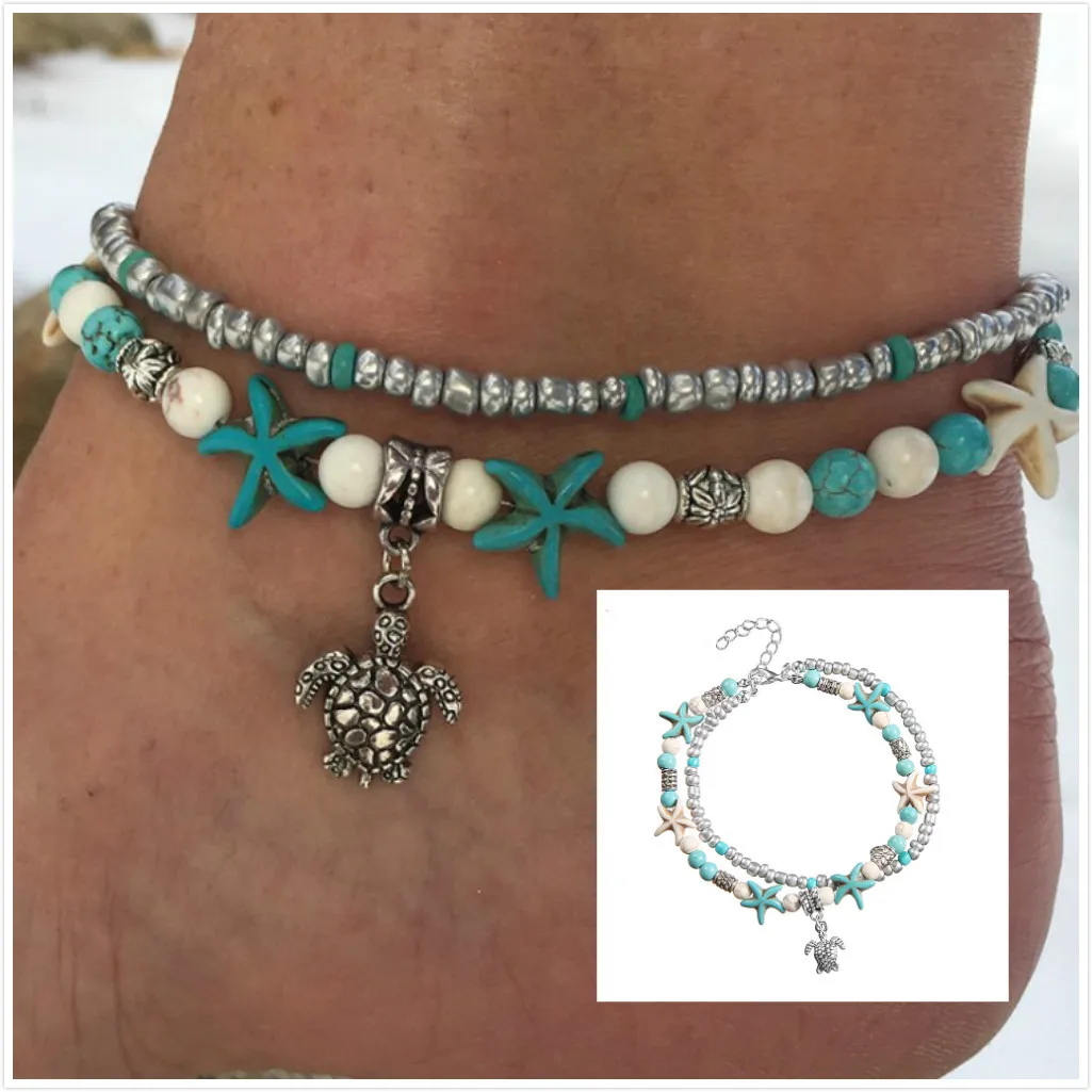 

Summer New Double Shell Anklet Fashion Bohemian Conch Starfish Beach Turtle Turquoise Pendant Anklet Bracelet Jewelry Wholesale