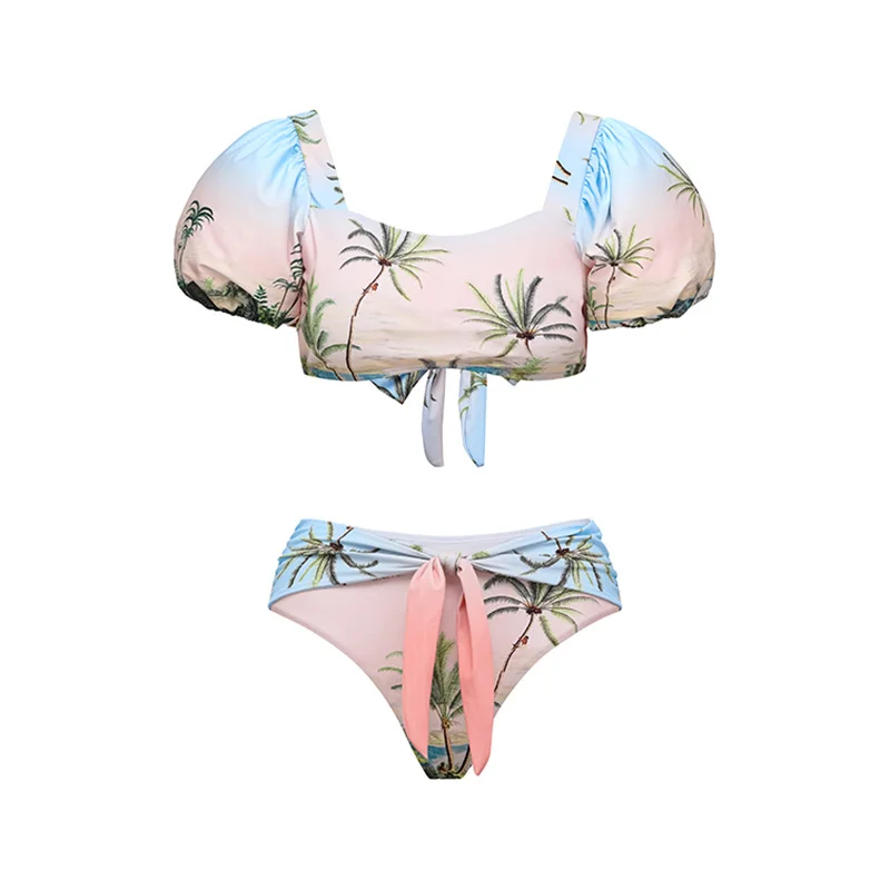 Green Print Deep V Bikini Set And Cover Up Ruffle Straps Backless Sexy Beachwear Ladies Slim High Waist Fit Summer Swimsuit
