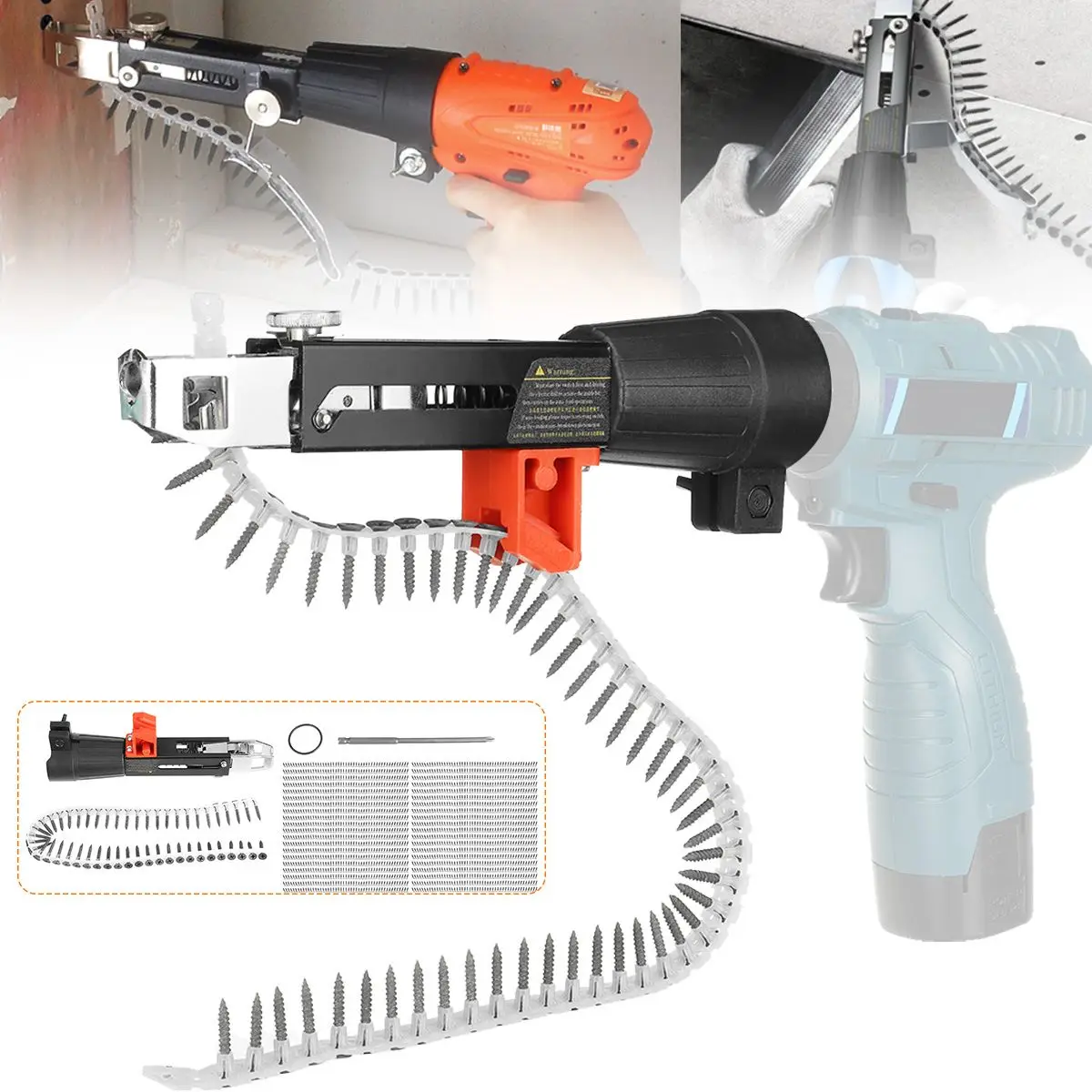 

Automatic Chain Nail Gun Adapter Screw Gun Screw Chain with 50/1000PCS Nails Woodworking Tool Cordless Power Drill Attachment