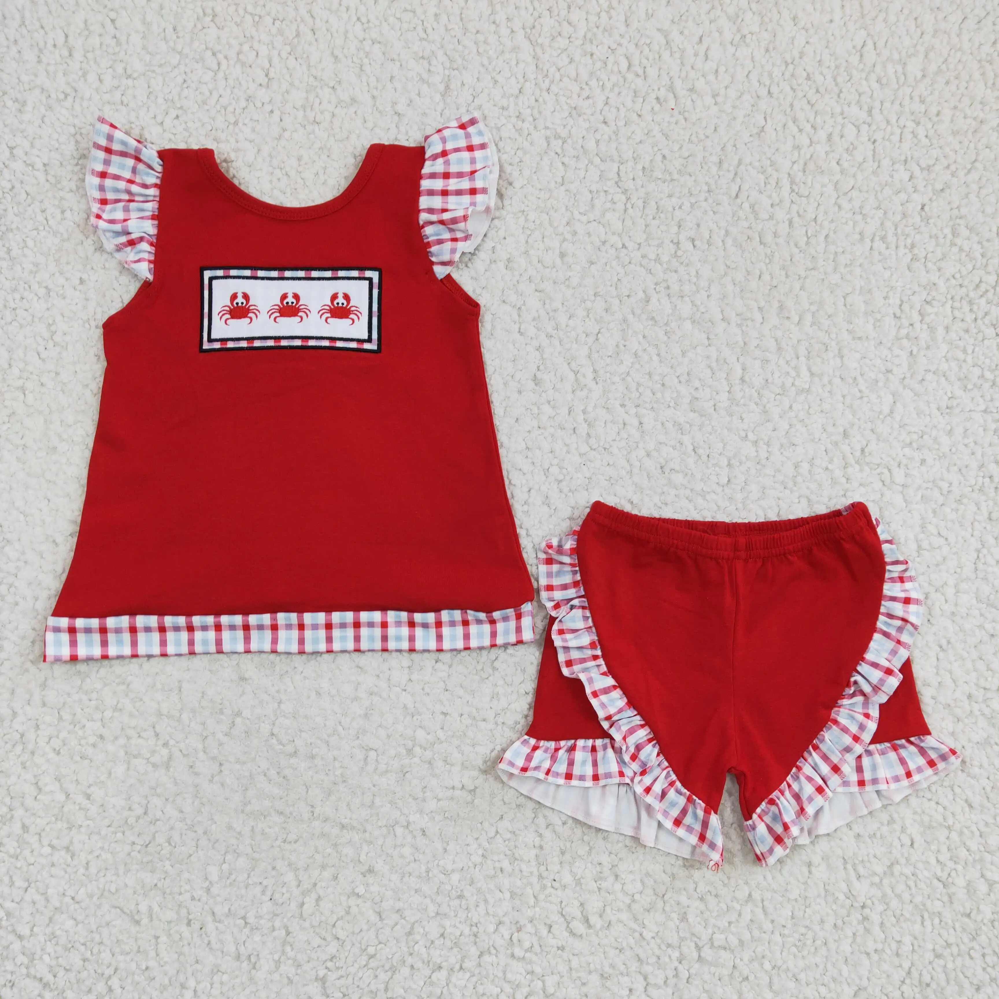 

Embroidered crab Short sleeve cotton girls outfits toddler girls clothing sets designer kids clothes