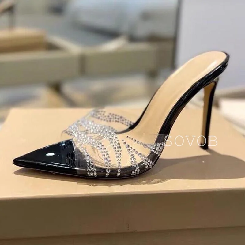 Летние туфли с острым носком из ПВХ Bling Crystal женские универсальные на высоком