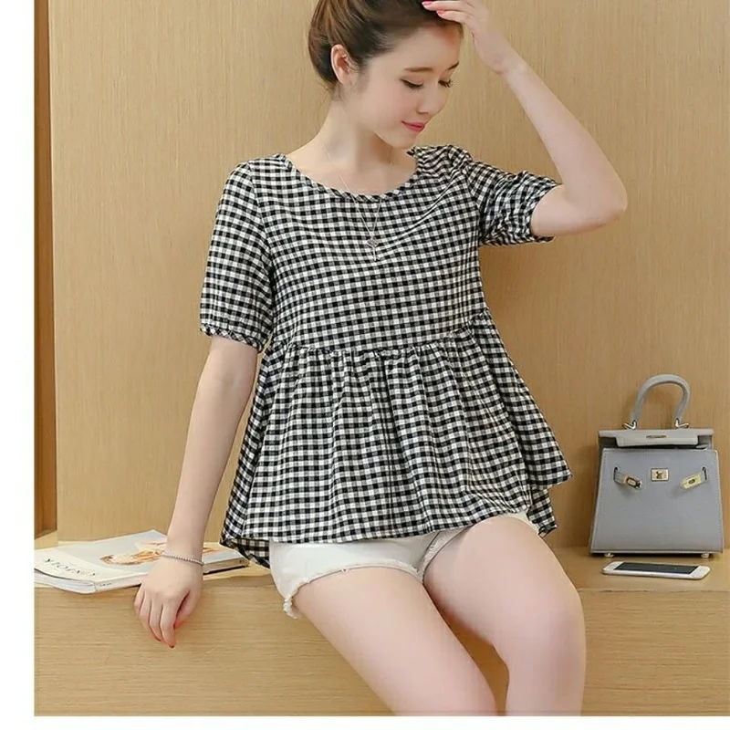 

Spring and Summer Fashion New Plaid Cotton and Linen Shirt Women's Short-sleeved Round Neck Shirt Women's Loose Top Casual
