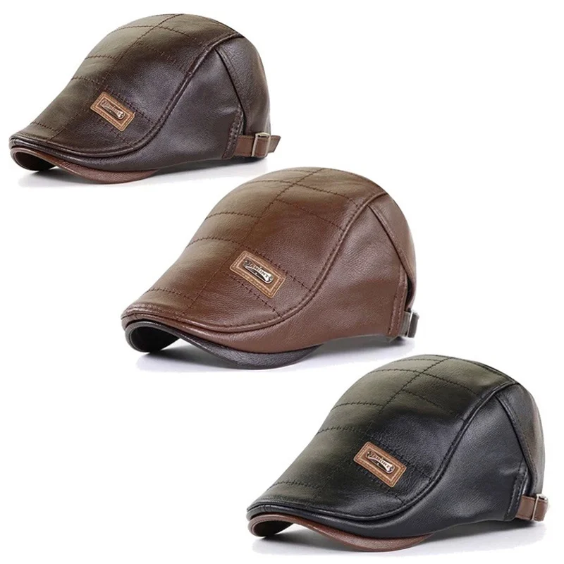 Men's Outdoor Leather Hats Winter Berets Male Warm Ear Protection Caps PU Middle-aged Men Hat Visors Adjustable Cap |
