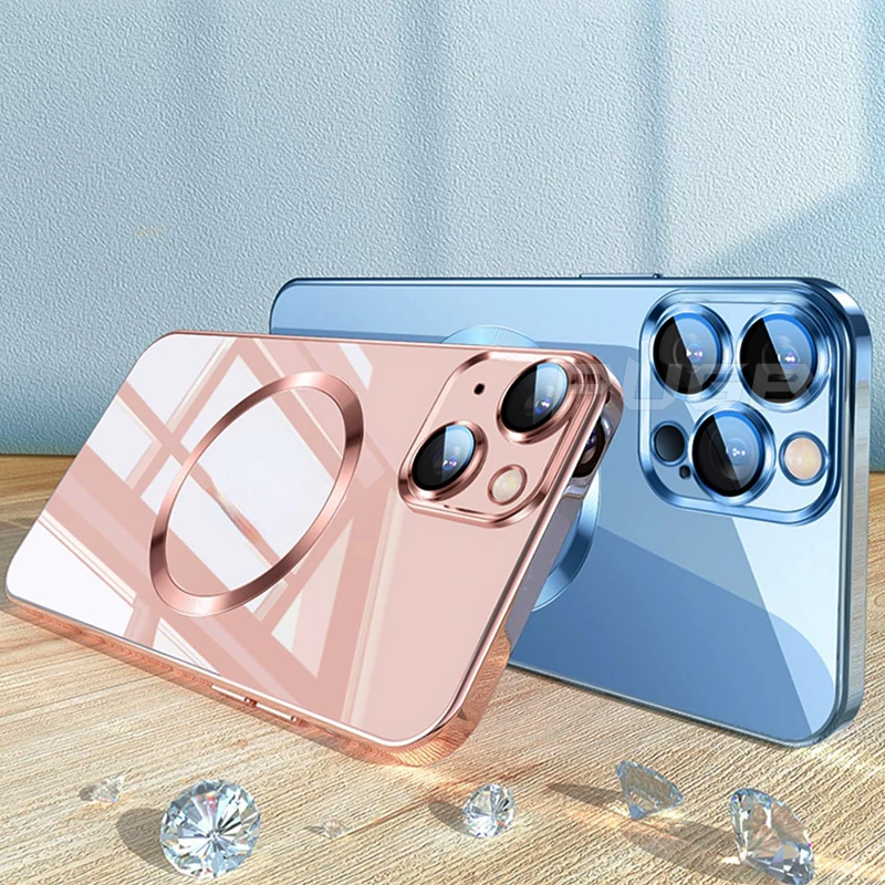 

Free shipping For iPhone 13 12 11 Pro Max Luxury Transparent Plating Silicone Lens Protector Cover Wireless Charging Case