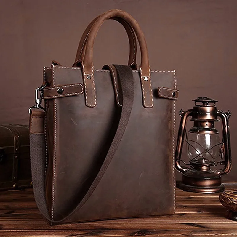 Vintage crazy horse cowhide men women handbag briefcase business casual genuine leather work laptop tote shoulder messenger bag