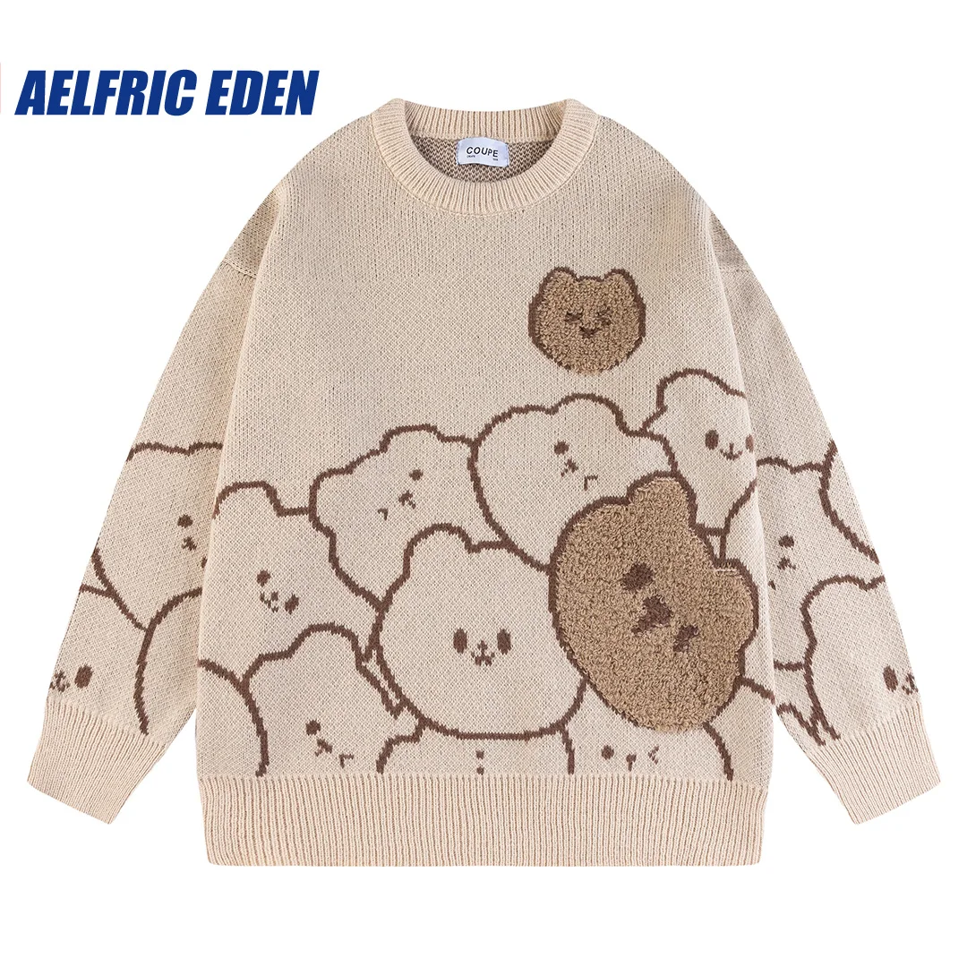 Vintage Cardigan Oversized Bear Sweater Japanese Harajuku Cartoon Women Knitted Sweater Hip Hop Streetwear Loose Knitwear Tops
