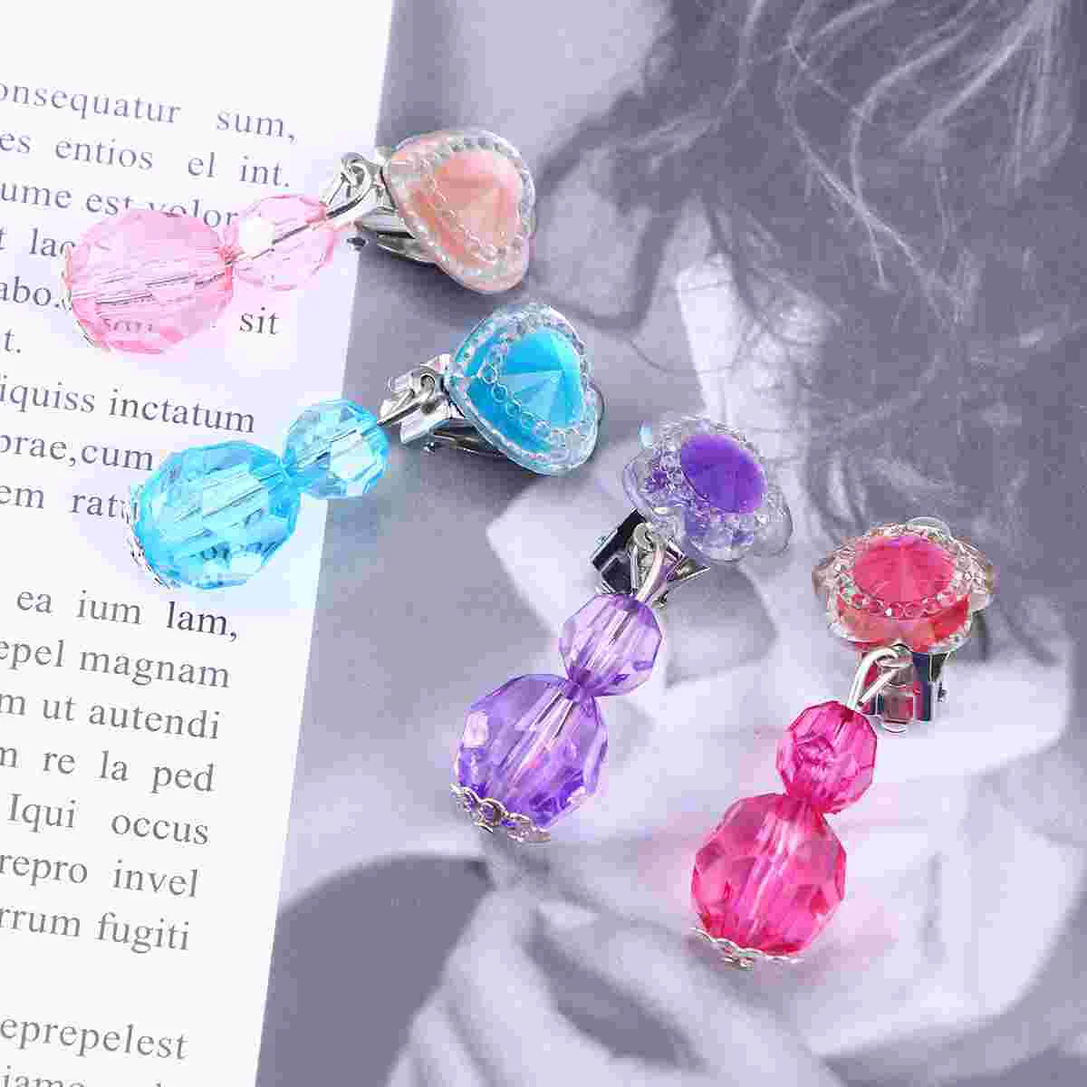 

4 Pairs Children Shiny Crystal Pendant Clip-on Earrings Set Pretend Play Jewelry Dress Accessories