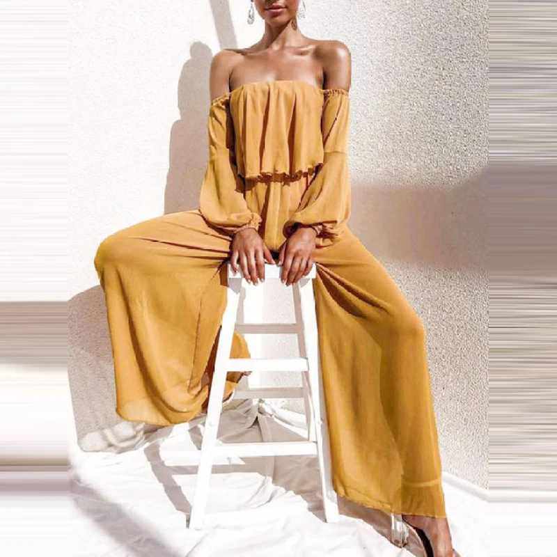 2022 Summer Autumn Women New One Shoulder Long Sleeves Fashion Chiffon Jumpsuit Casual Solid Color Elegant Slim Holiday Jumpsuit