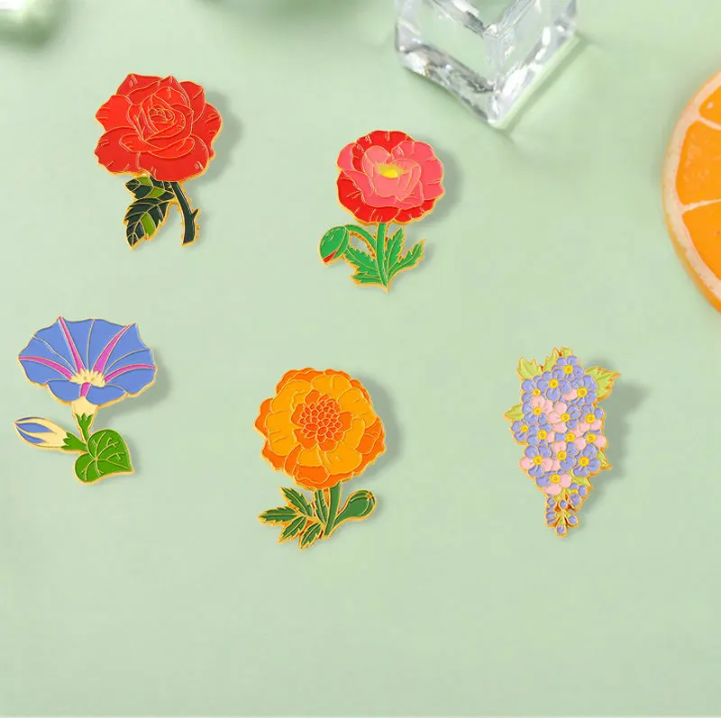 Back Garden Enamel Pins Custom Rose Violet Brooches Stamens Lapel Badges Plant Blossom Jewelry Gift for Kids Friends