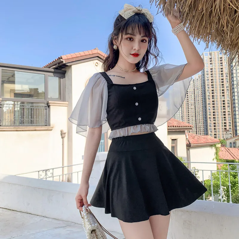

WISUWORE Bikini Set Women Korean Style Mesh Patchwork Sweet Gothic Punk Girls Bodysuit Swimwear Two Pieces High Waist Swimsuit