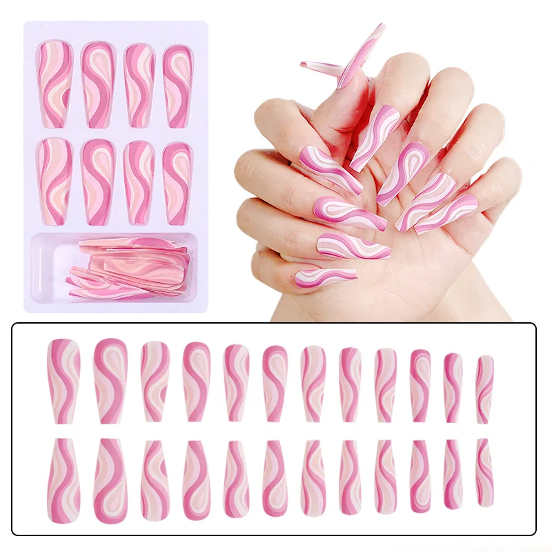 

24Pcs/set Long Coffin False Nails with Designs Press on Nails Detachable Ballerina Wearable Fake Nail Decor Full Cover Art Tips