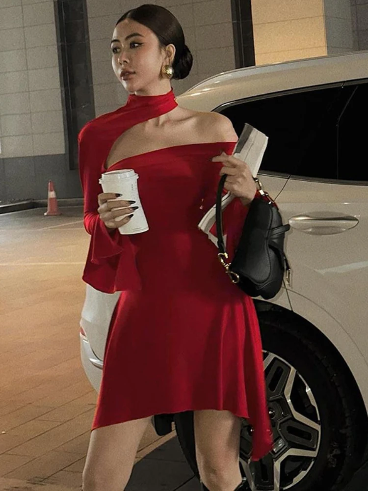 

Temperament Halter Dress for Women Slim Long Sleeve Bodycon Dress Hollow Out Vintage Aesthetic Clothing Solid Vestidos De Mujer