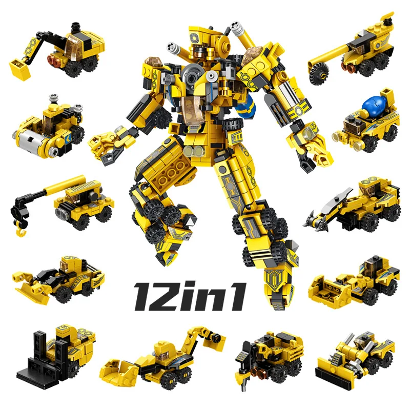 

12 in 1 Engineering Vehicle Cars Transform to Robot Model Toys Children Education DIY Building Brick Toy Gift