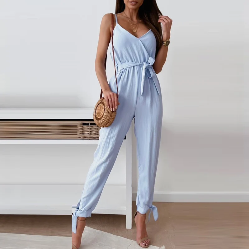 

2022 Jumpsuits Women Sexy Solid Blue Suspenders With Belt Playsuit Ladies High Waist Ankle-length Rompers