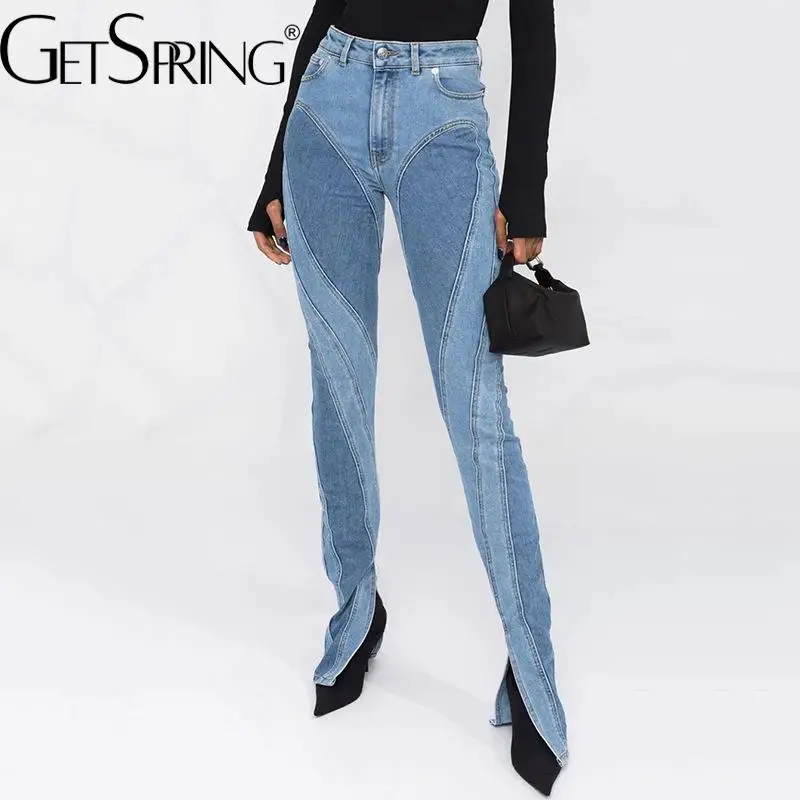 

GetSpring женские джинсовые брюки в стиле пэчворк с высокой талией с разрезом тонкие облегающие джинсы модные Универсальные Длинные Джинсовые ...