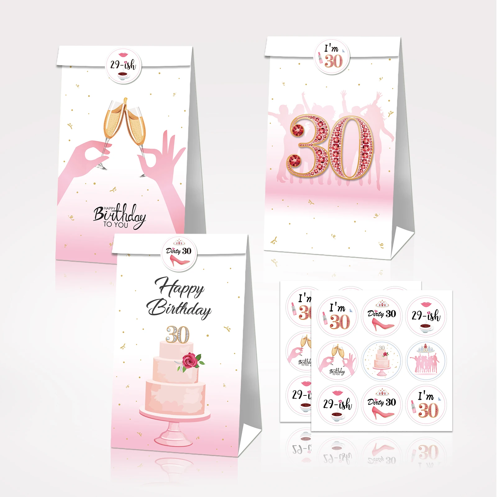 

LB089 12Pcs Lady Sweet Rose Flowers Cheers 30th Birthday Party Candy Kraft Paper Gift Bags with Stickers Thank You Party Decors