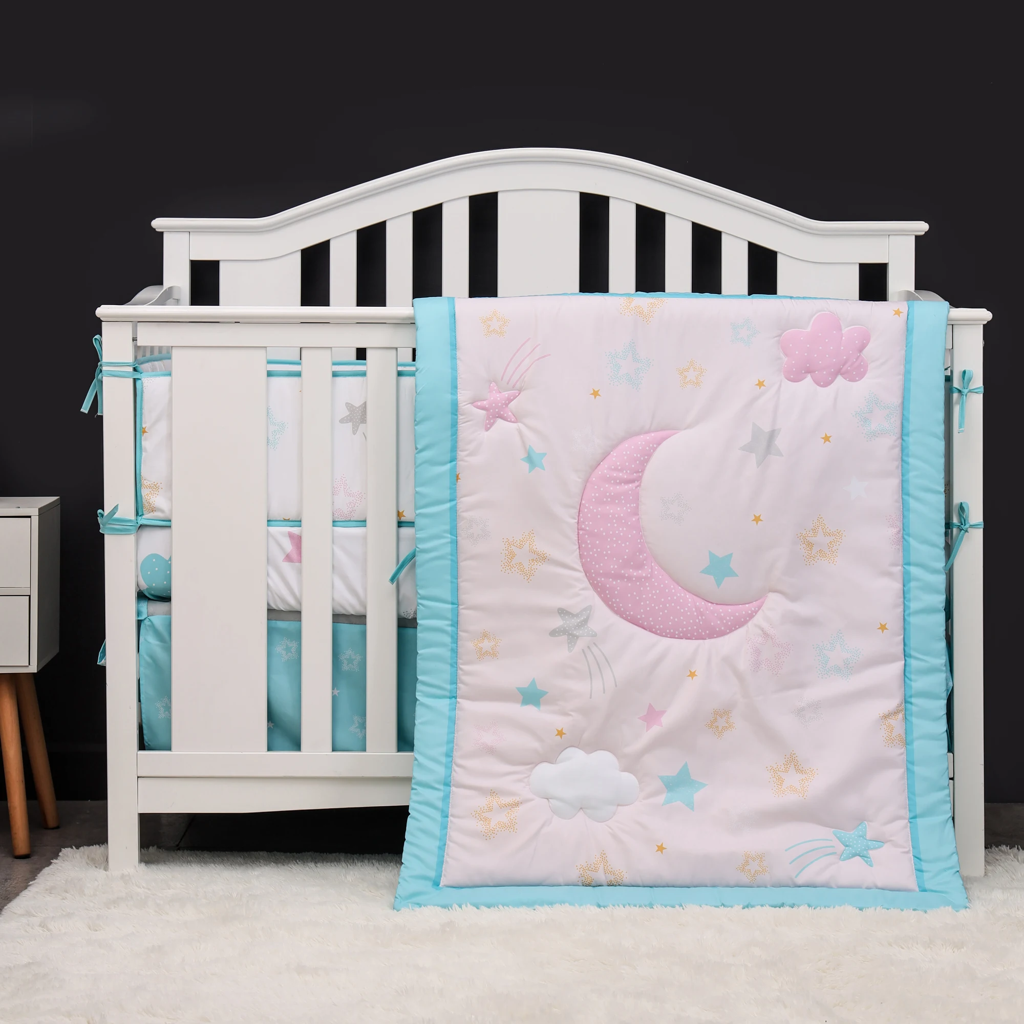 4pcs Nursery Bedding Baby Crib Bedding Set - moon and stars including bumpers /comfoter /crib sheet /crib skirt