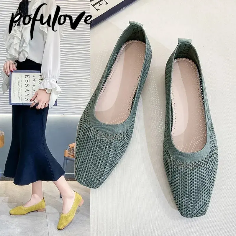 

Pofulove Soft Sole Single Shoes Women's Spring and Summer Square Toe Knitted Hollow Breathable Shallow Tube Plain Woven Shoes