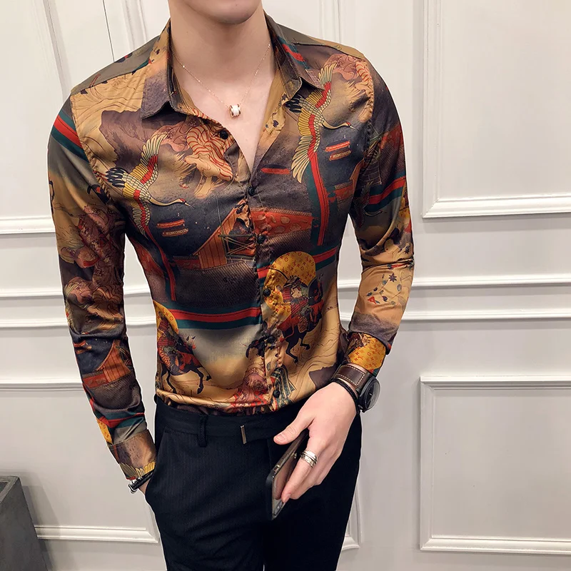 

Trend New Men's Personality Printed Shirt Boutique Fashion Slim Long-sleeved Flower Shirt Men's Business Banquet Formal Shirt