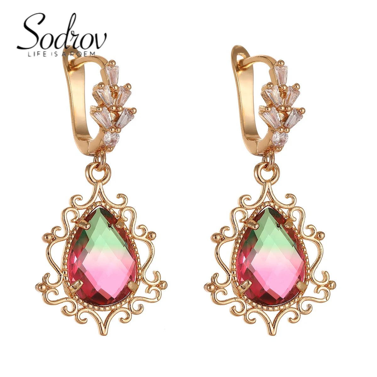 

SODROV Gold Plated Korean Trend Colored Zircon Jewelry Drop Earrings for Women Engagement Wedding Gift