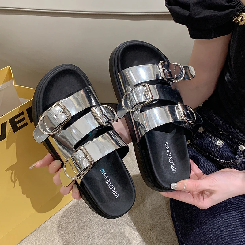 Women's Summer Chunky Slippers 2023 Fashion Thick-Bottom Sandals Flip Flops Wedges Buckle Slippers Platform Beach Slides Zapatos