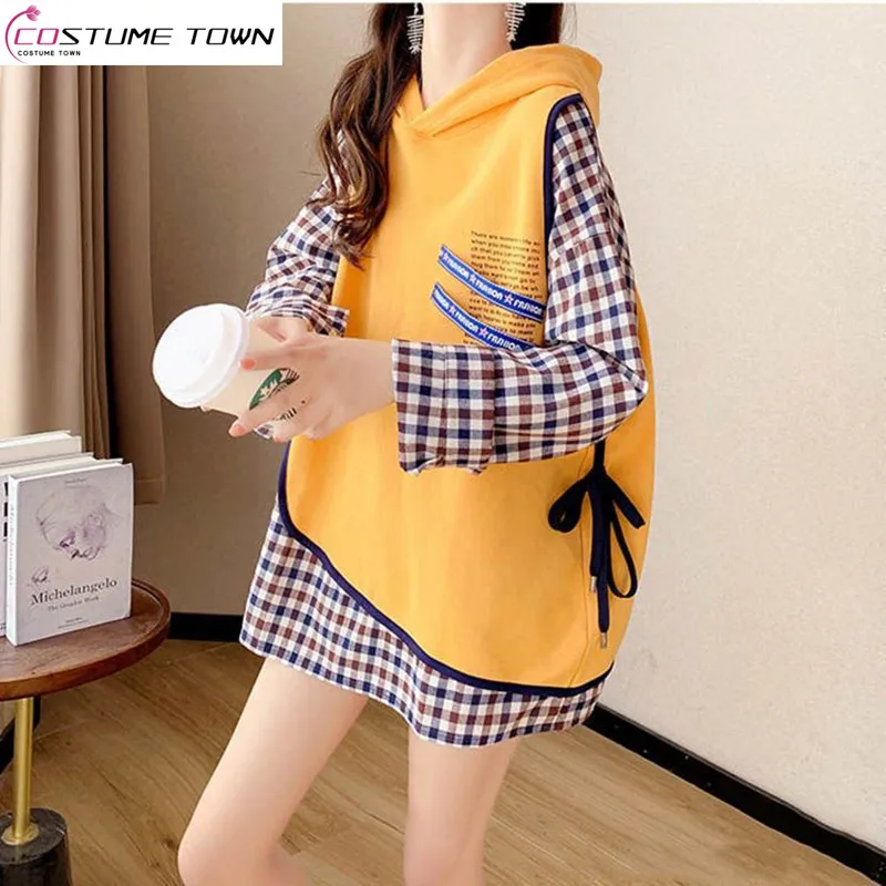 Spring and Autumn 2023 New Korean Version Patchwork Plaid Fake Two-piece Top Medium Length Loose Women's Hoodie