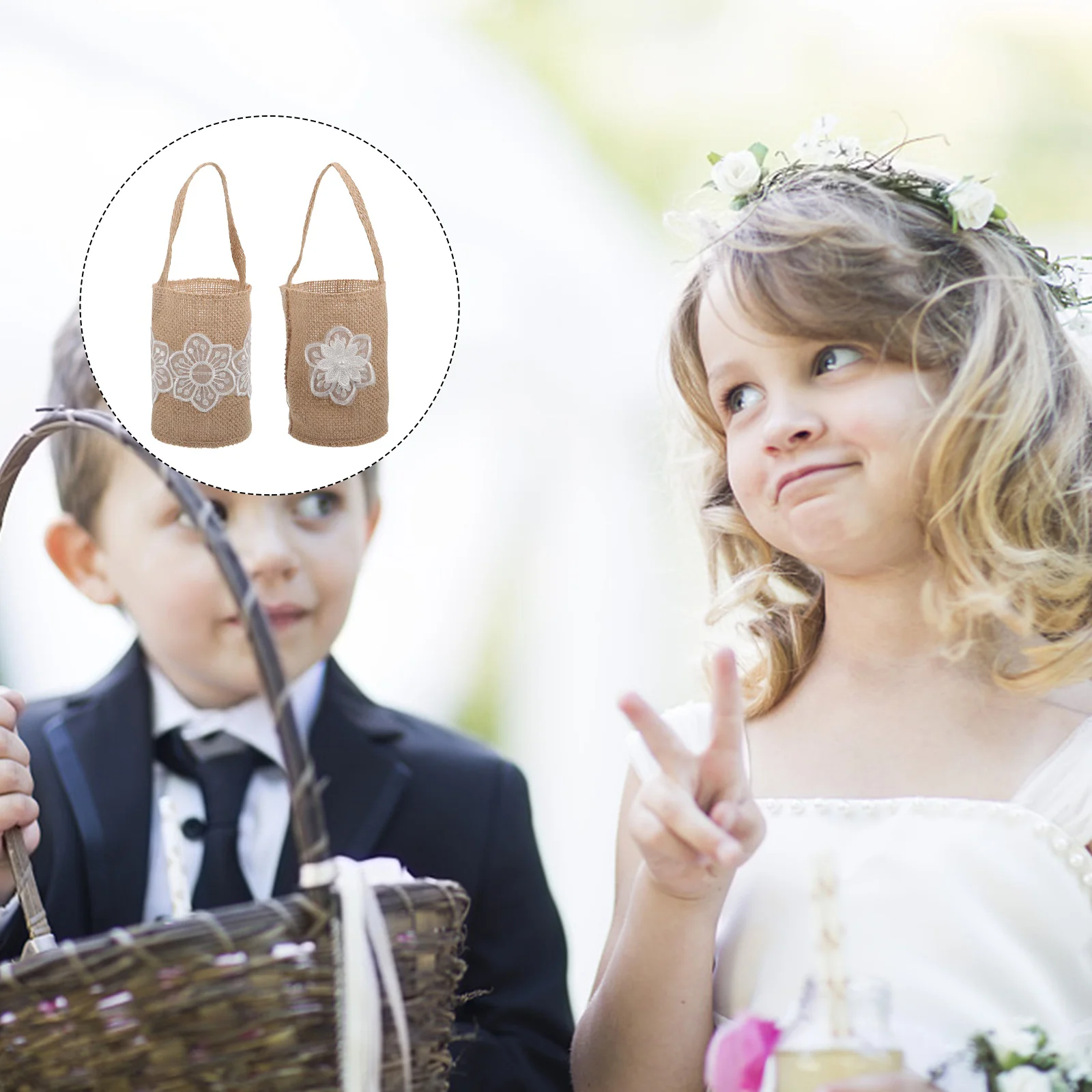 

Flower Basket Girl Baskets Wedding Rustic Weddings Burlap Handle Storage Gifts Favors Linen White Ribbon Candy Set Fabric Holder