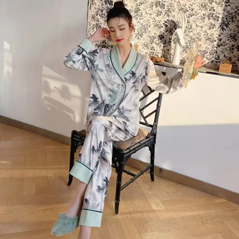 2023 Spring new Chinese national style pajamas for women's V-neck high-luxury home service suit breathable and soft loungewear