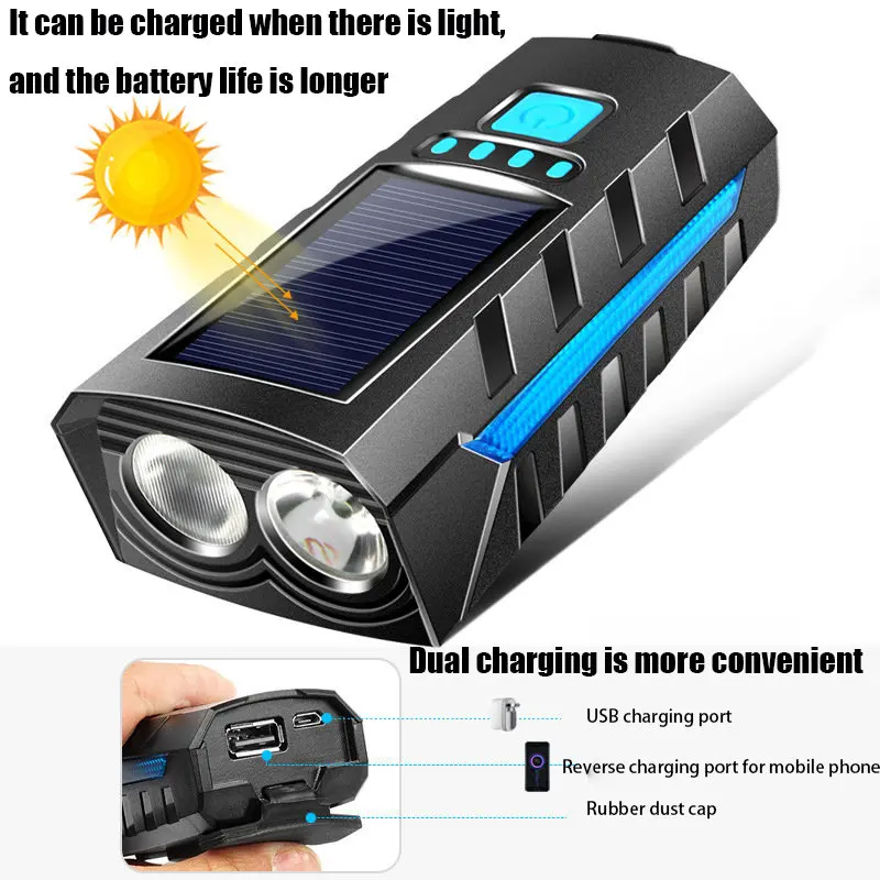 

Multifunctional Bicycle Light Solar Light with Horn USB Dual Charge Outdoor Riding Light Night Light Camping Fishing Flashlight