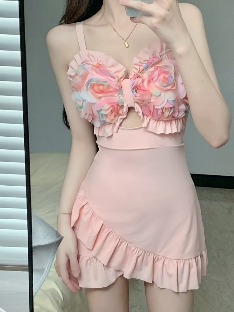

Flower Bow Tie One Piece Skirt Swimsuit Bikini Sexy Slim Conservative Swimwear Female Beach Vacation Sweet Girl with Chest Pad
