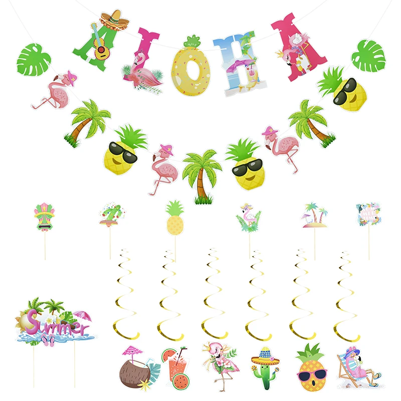 

Summer Hawaii Party Banner Pull Flag Cake Topper Tropical Party Hawaiian Flamingo Holiday Party Birthday Wall Hanging Decoration