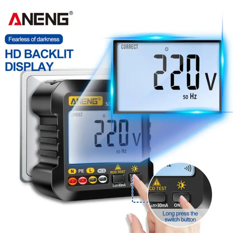 

ANENG AC10 Socket Tester Smart Digital Voltage Test Socket Detector UK EU Plug Ground Zero Line Plug Polarity Phase Check Rcd