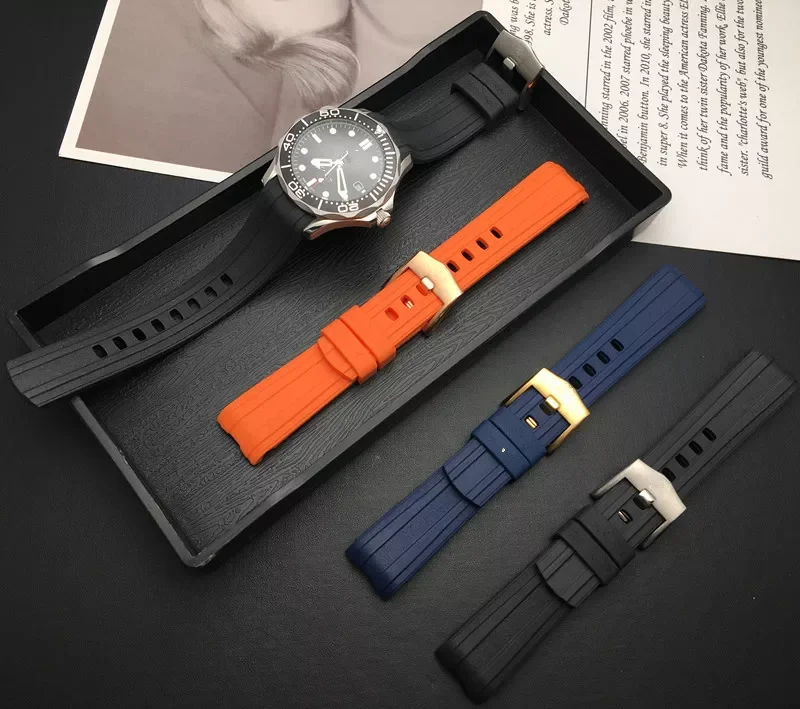 Top quality 20mm soft fluorine Rubber Silicone Watch band Buckle Grind Arenaceous Belt Special for Omega strap for Seamaster 300