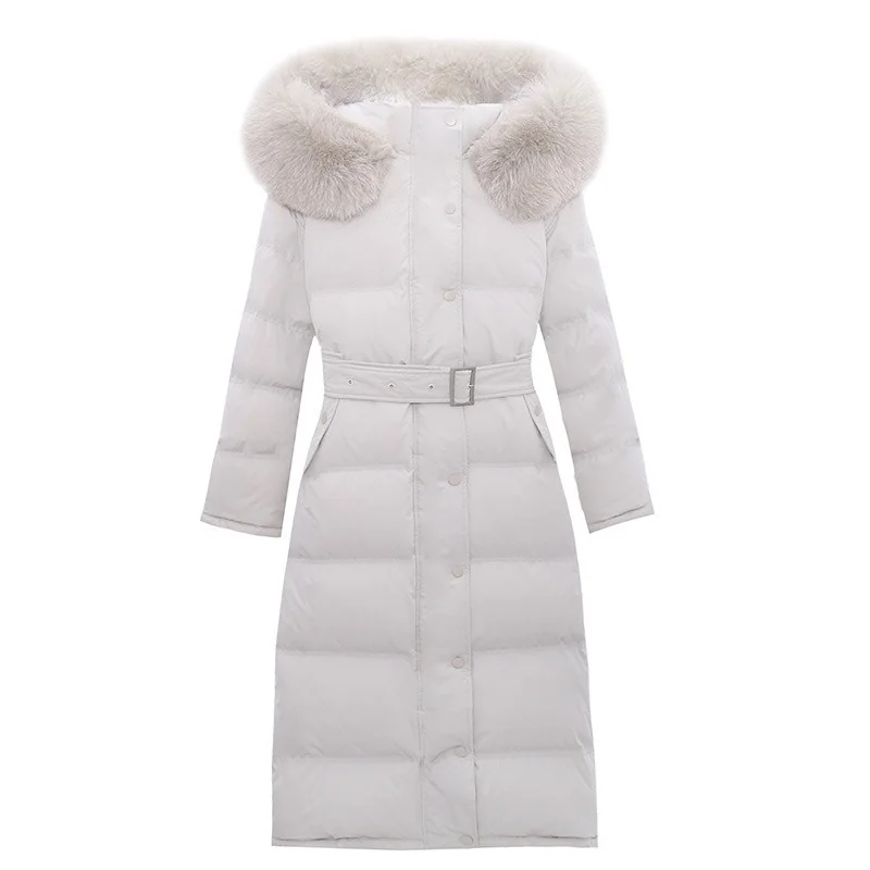 Women's Lace Up Waisted Cotton Padded Thickening Jackets Winter 2023 Fox Fur Parkas High Quality Hooded Thick Warm Coats Jacket