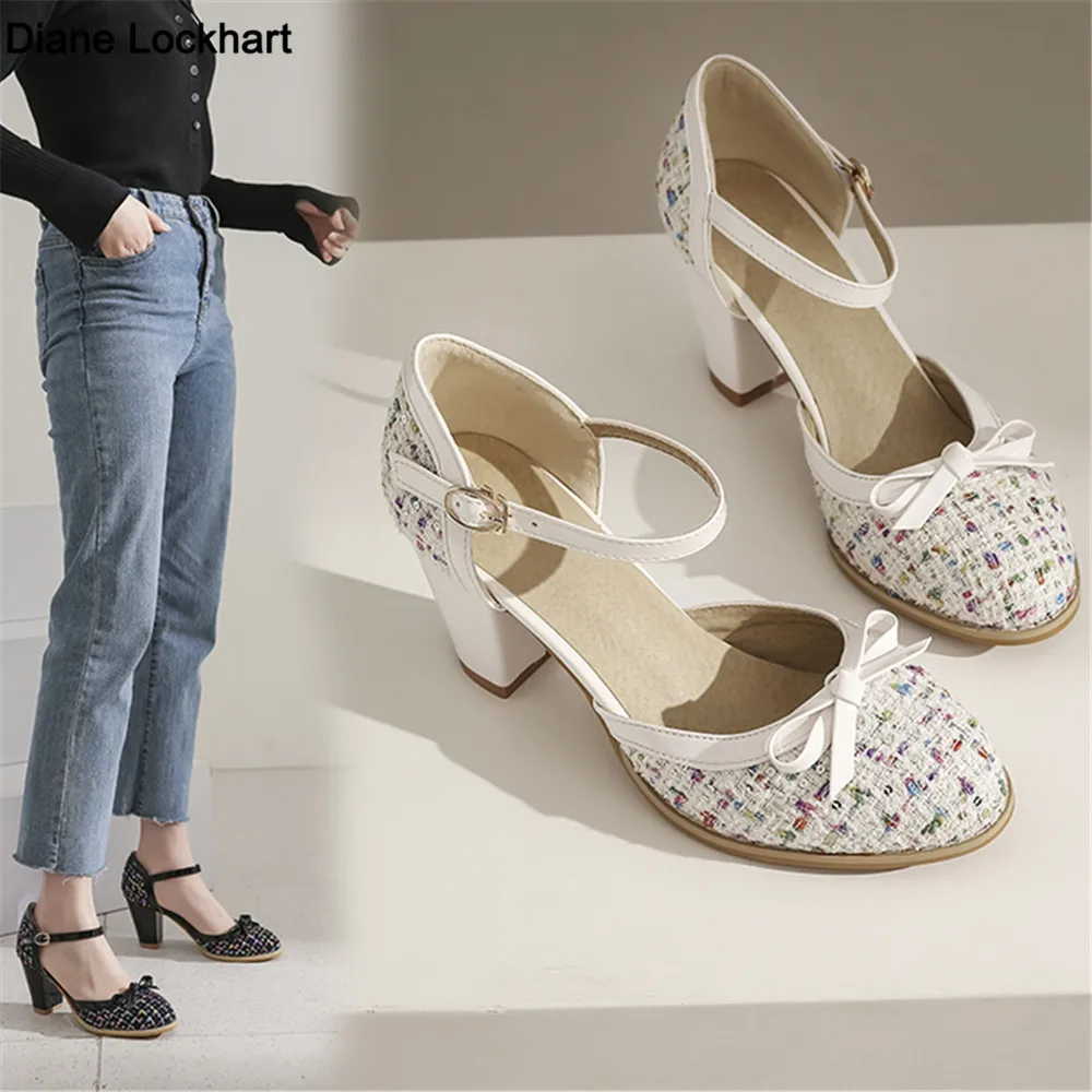 

Женские туфли на высоком каблуке, повседневные туфли-лодочки из смешанного материала с бантом и круглым носком, с ремешком на щиколотке и пр...