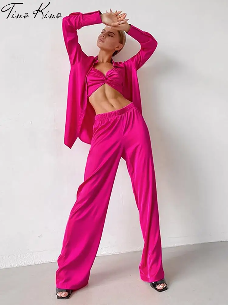 Женская атласная рубашка и брюки повседневный комплект из трех предметов жилет