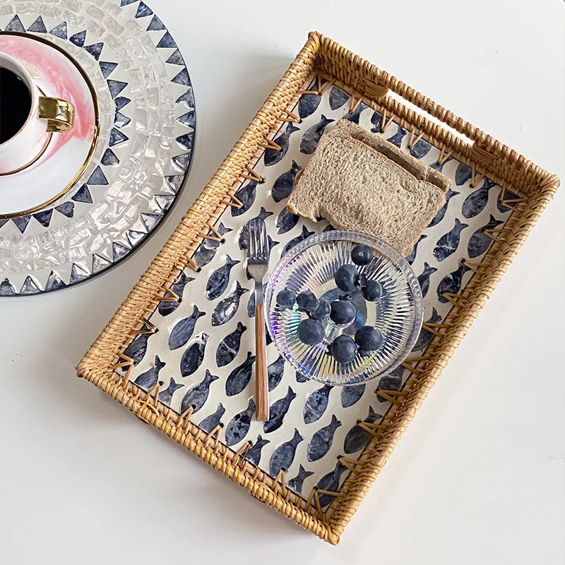 

Rattan Shell Storage Square Basket Home Living Room Light Luxury Nordic Style Fruit Basket Candy Restaurant Senior Gray Tray