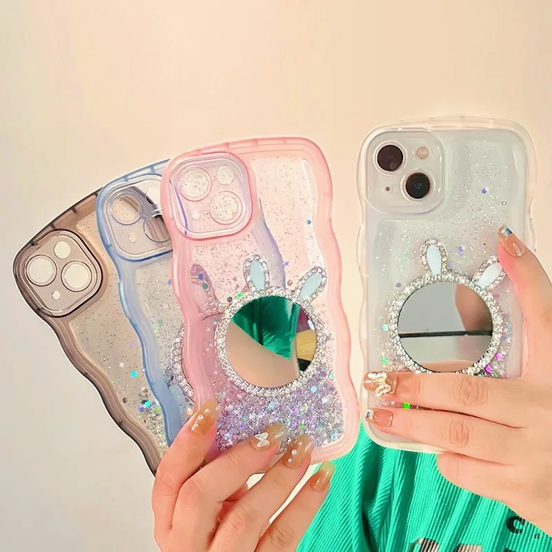 

Luxury Shiny Glitter 3D Rabbit Makeup Mirror Case For IPhone 13 12 11 Pro XS Max XR X 7 8 Plus Wavy Edge Shockproof Clear Cover